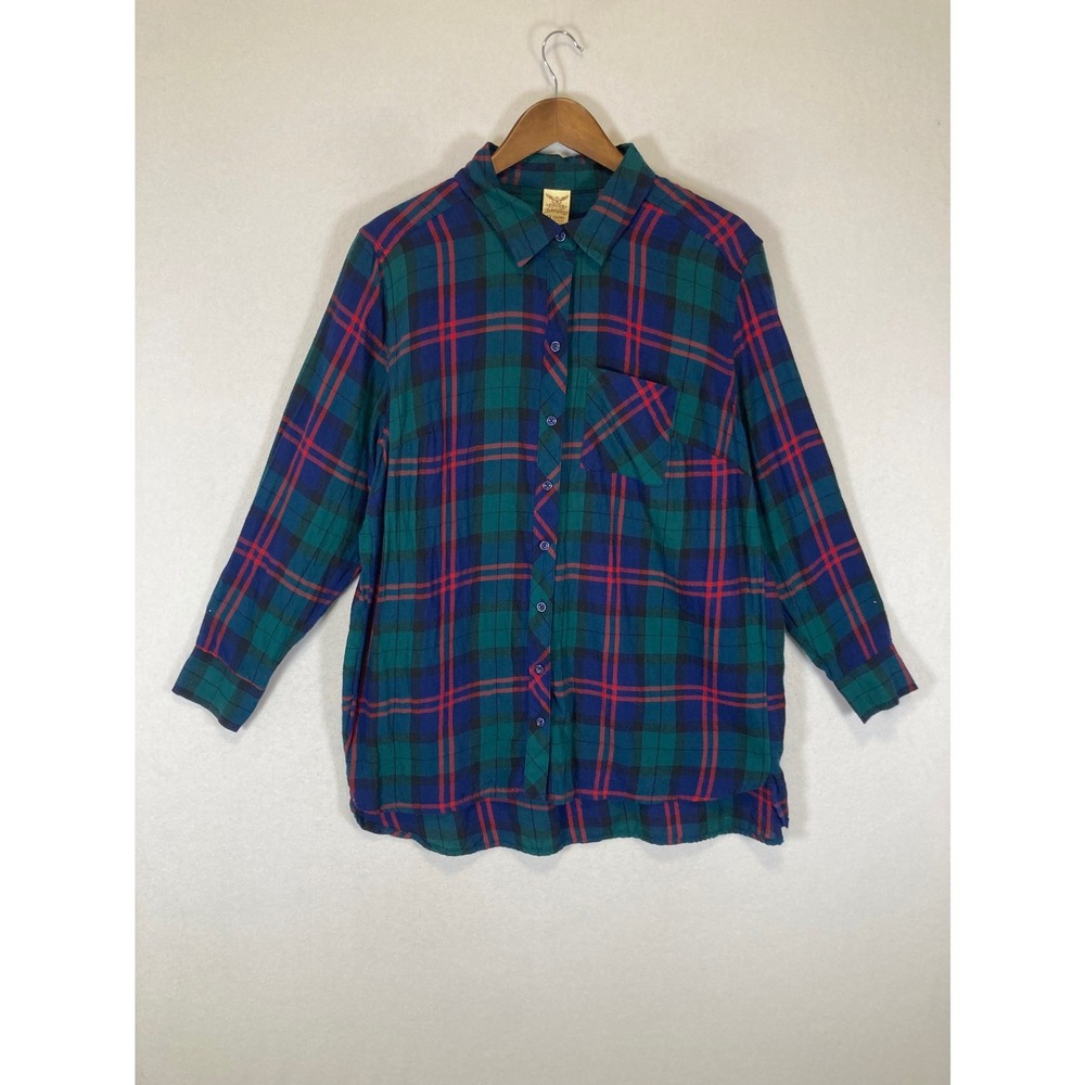 Grunge Faded Glory Mens 1X Blue Green Red Plaid Cotton Flannel Button Down Shirt